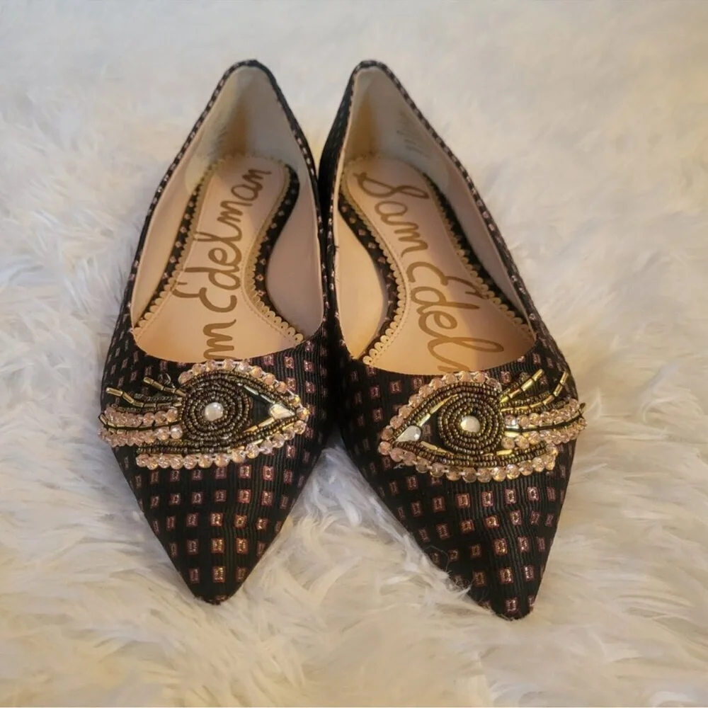 Sam Edelman Rafaella Beaded Leather Black and Gold Embellished Flats - Picture 12 of 12